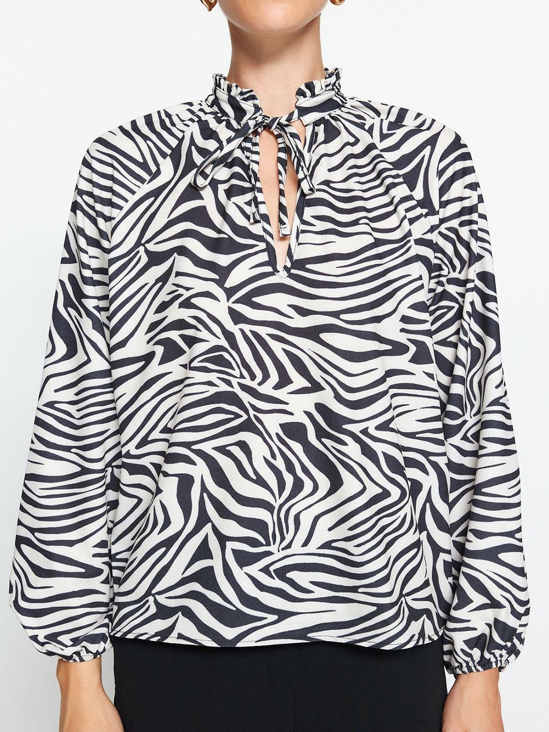 trendyol animal printed tie-up neck top