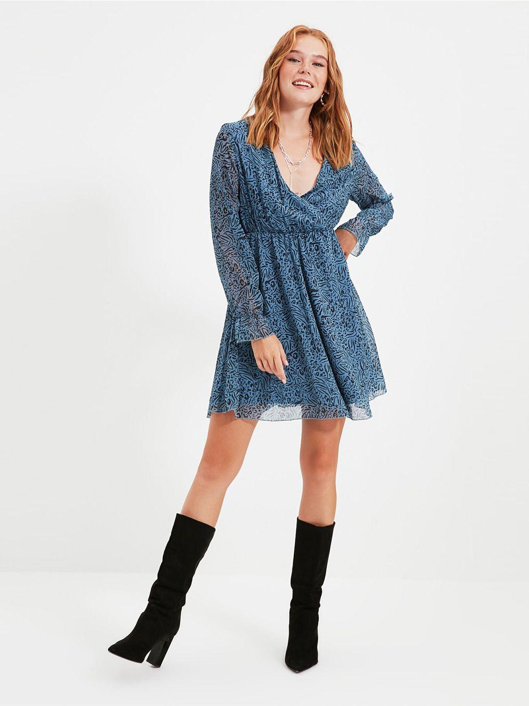 trendyol animal printed v-neck bell sleeves gathered fit & flare dress