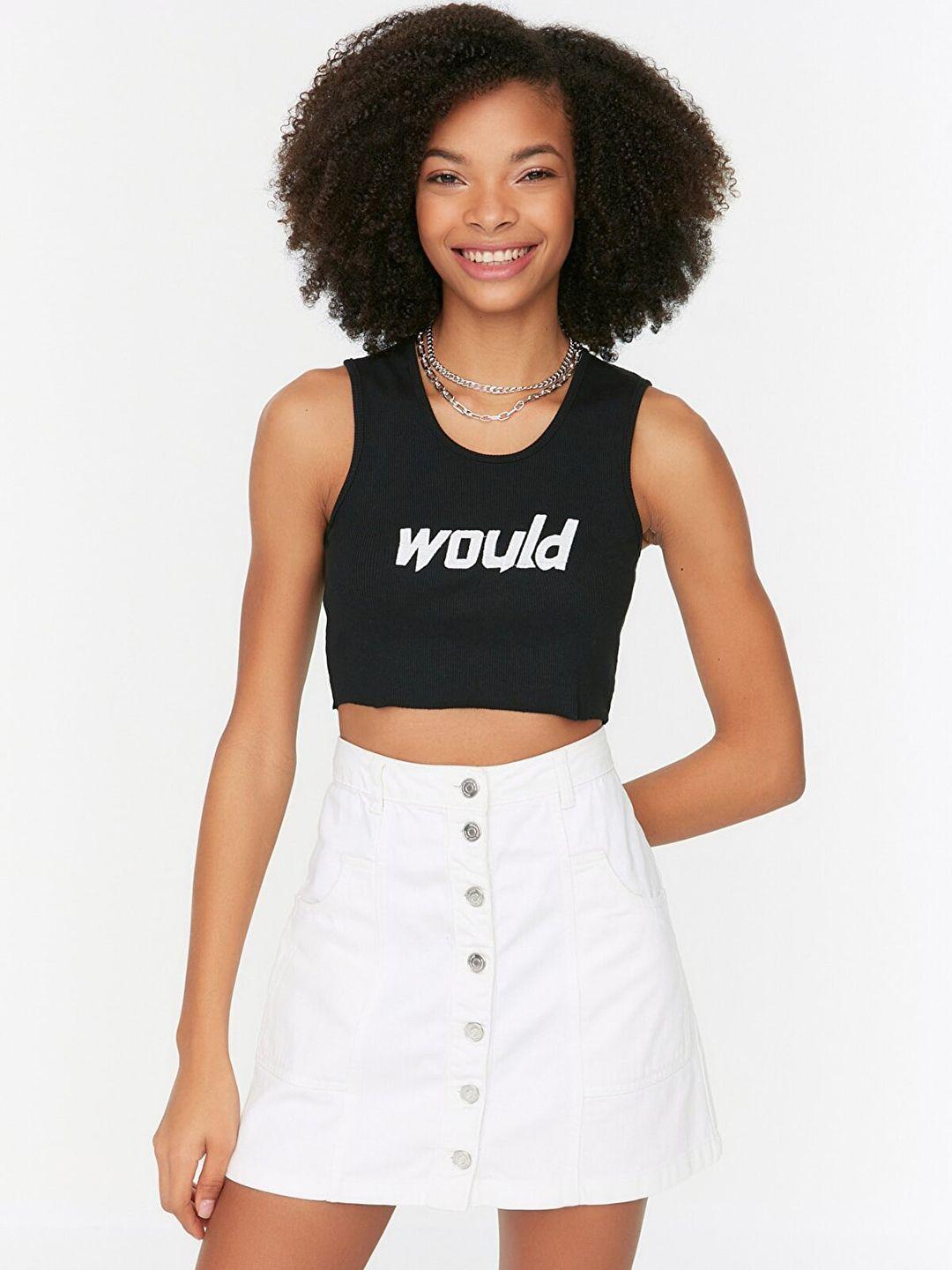 trendyol black & white corduroy embroidered crop top