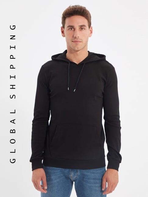 trendyol black cotton regular fit hooded t-shirt