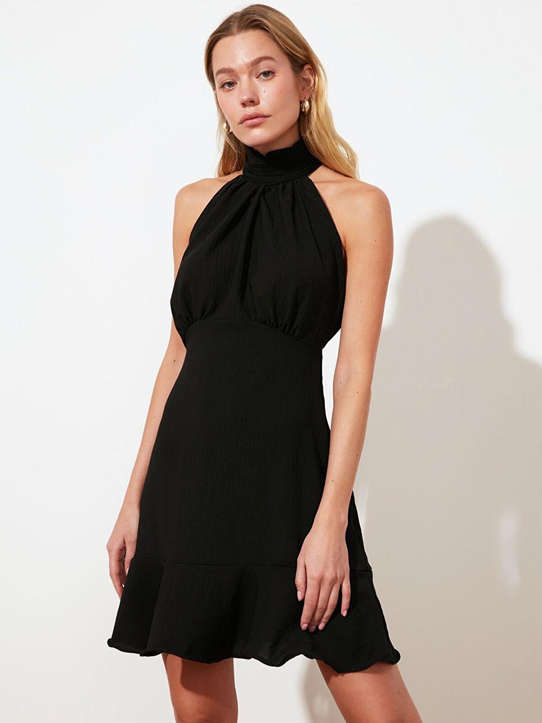 trendyol black solid a-line dress