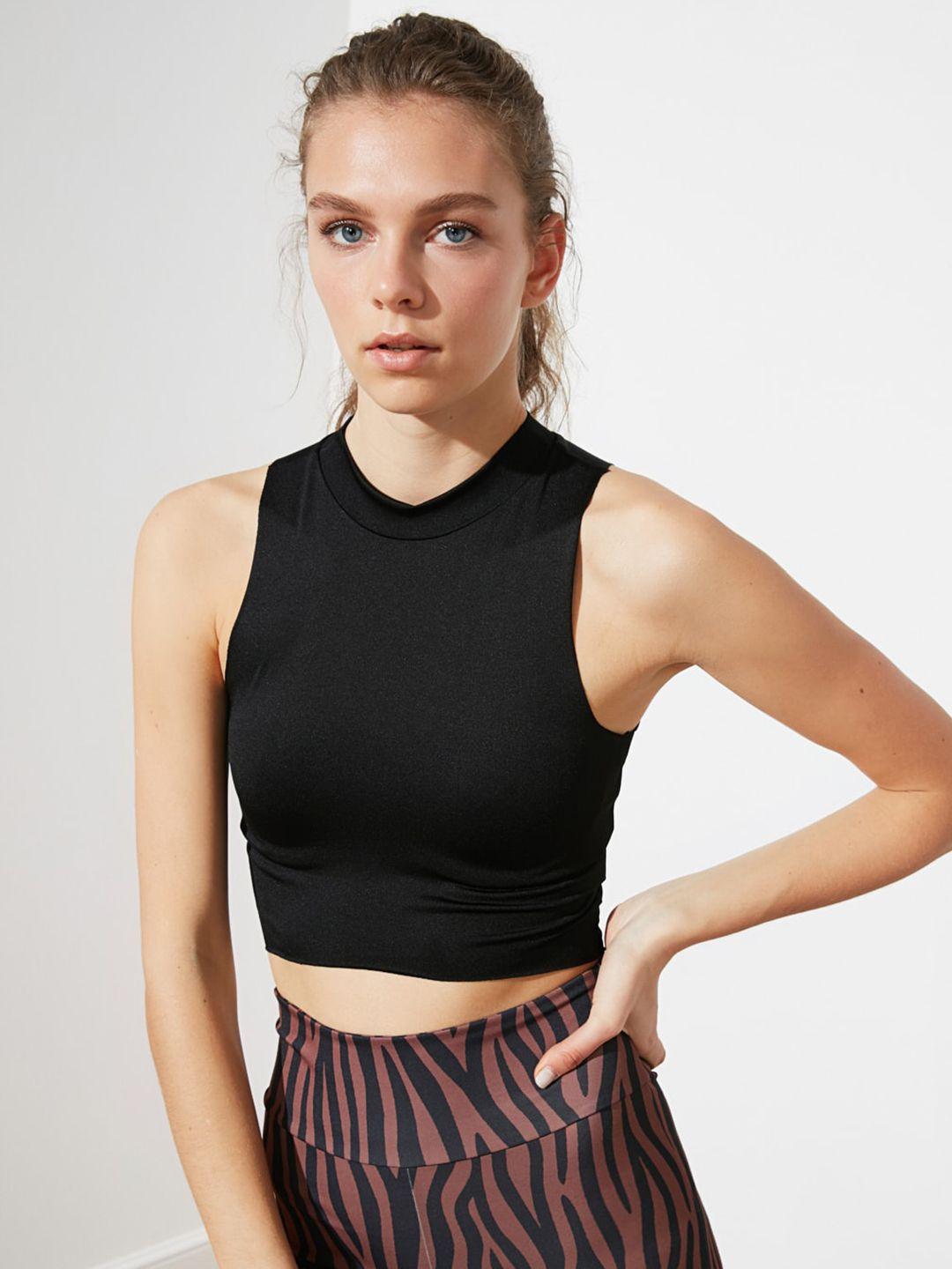 trendyol black solid crop fitted top