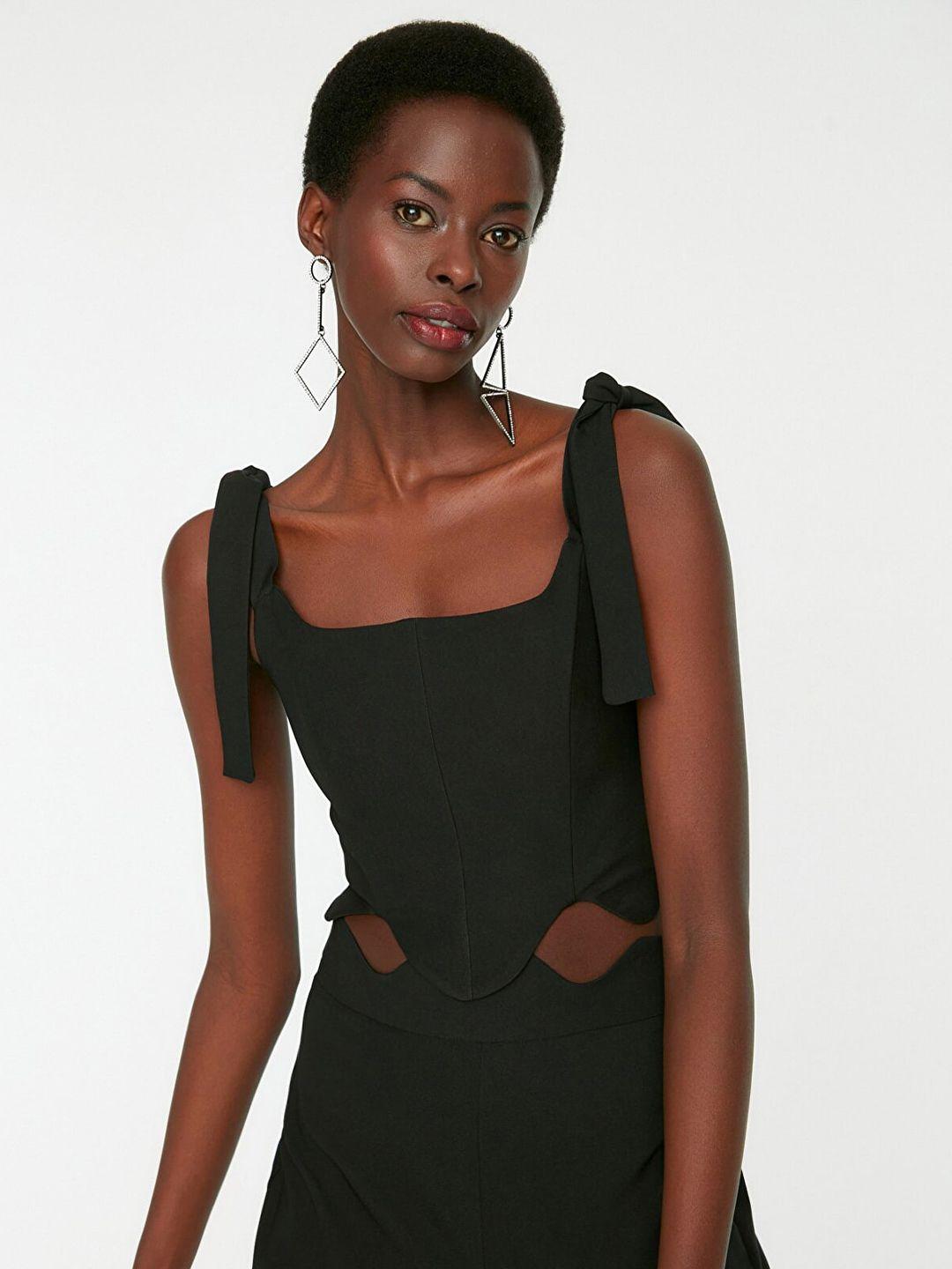 trendyol black tie-up neck top