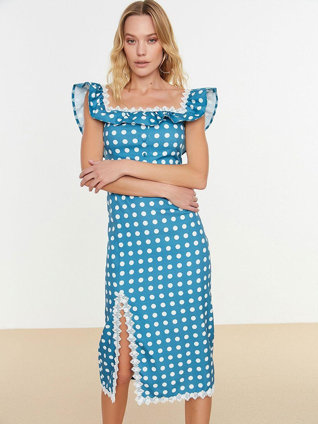 trendyol blue & white polka-dot high-slit midi a-line dress