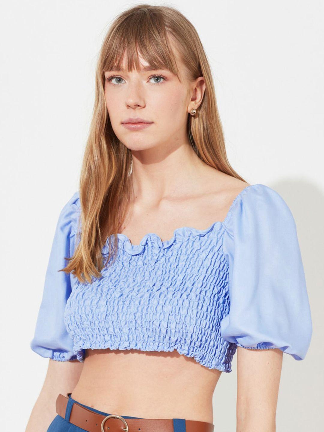 trendyol blue smocked puff sleeve fitted crop top