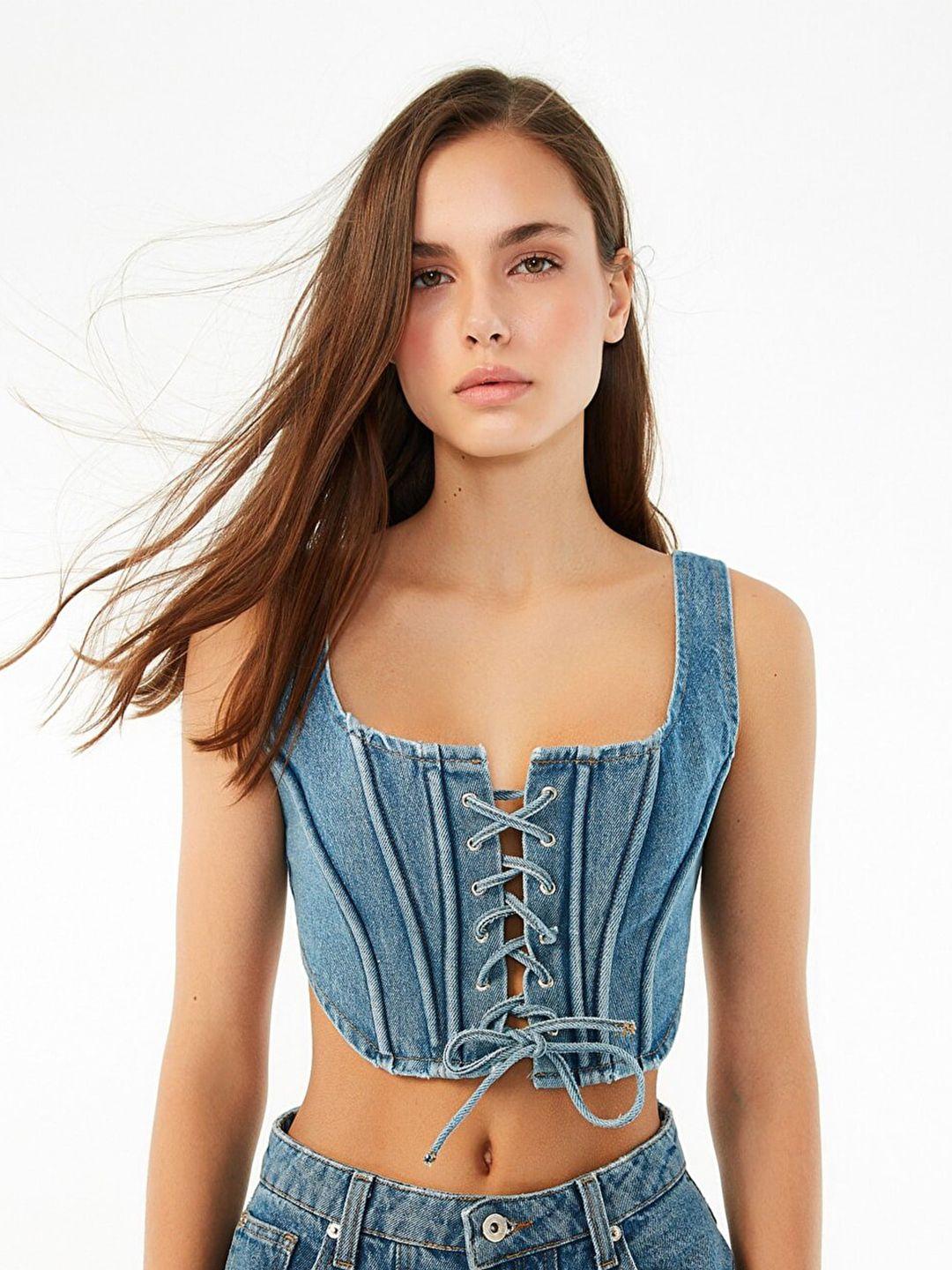 trendyol blue square neck denim crop top