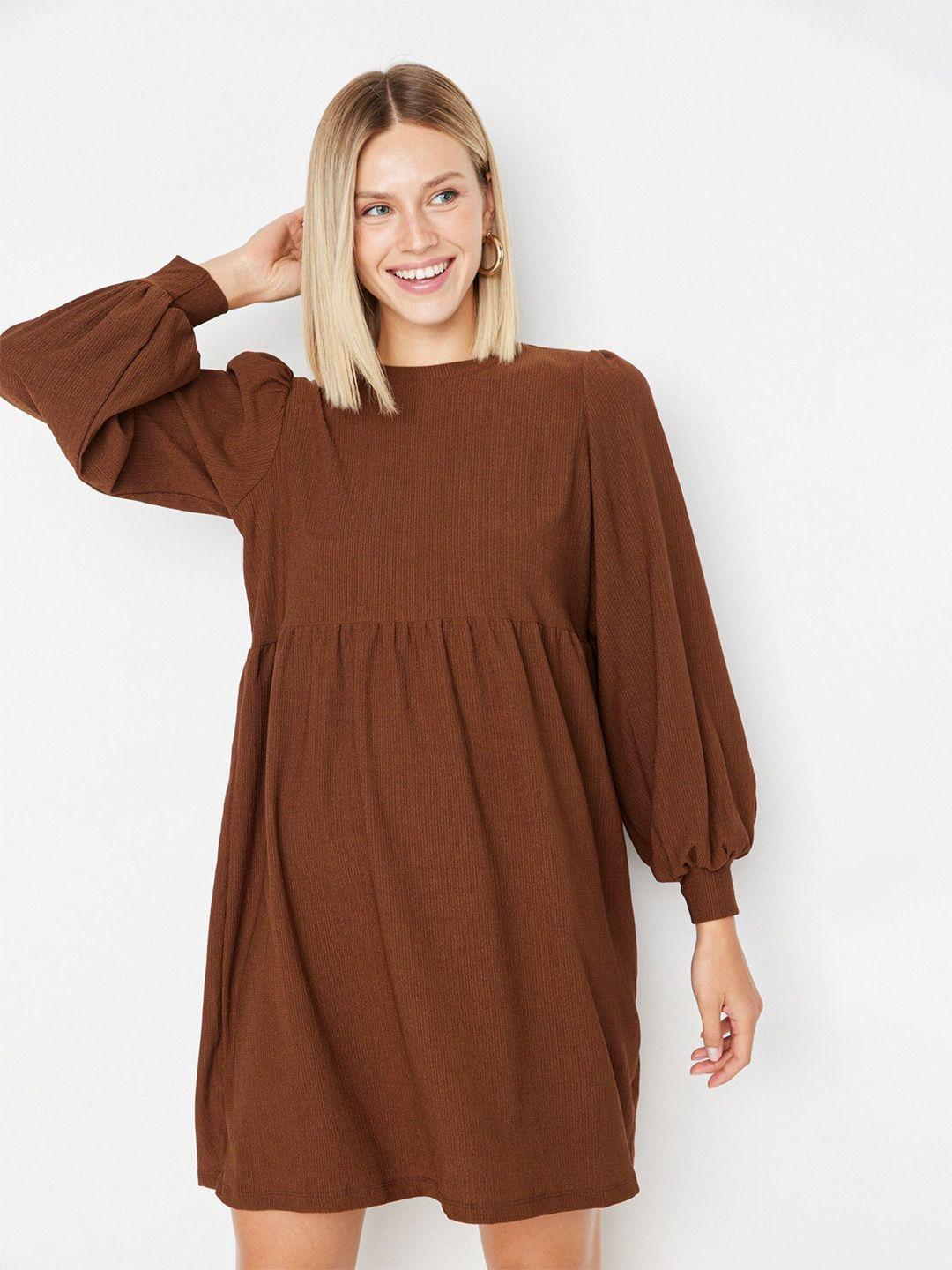 trendyol boat neck puff sleeves knitted a-line dress