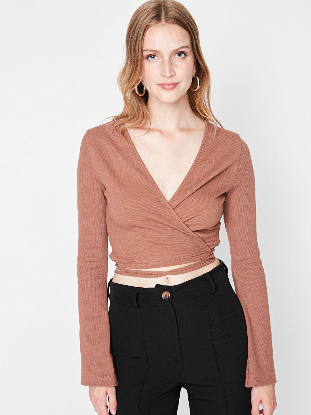 trendyol brown solid pure cotton wrap crop top