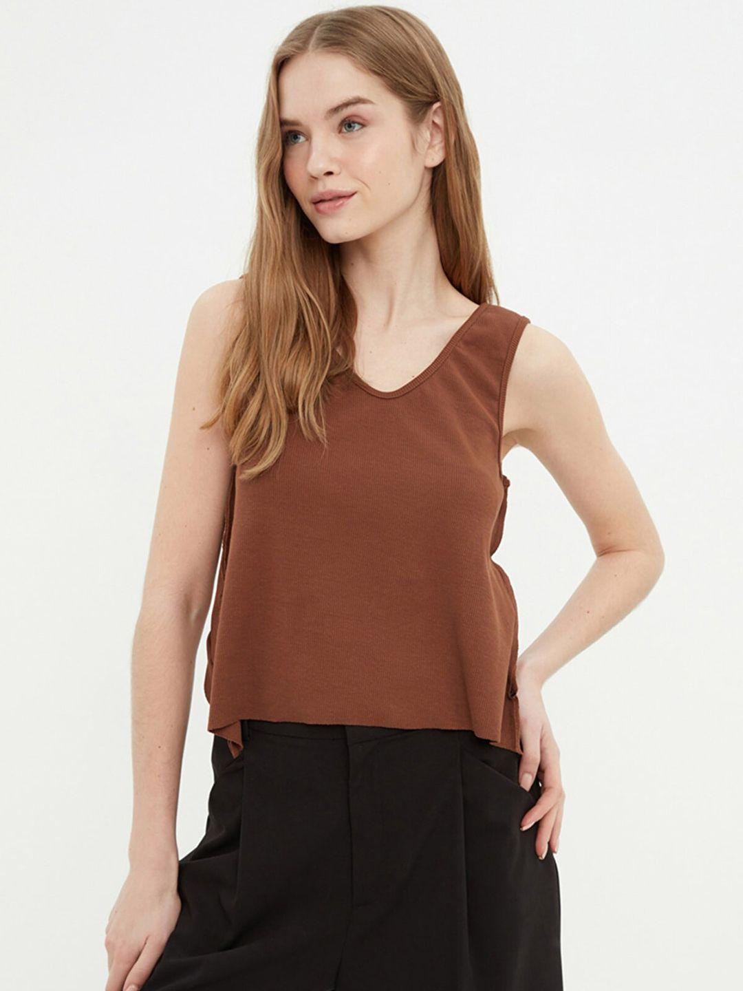 trendyol brown solid styled back top