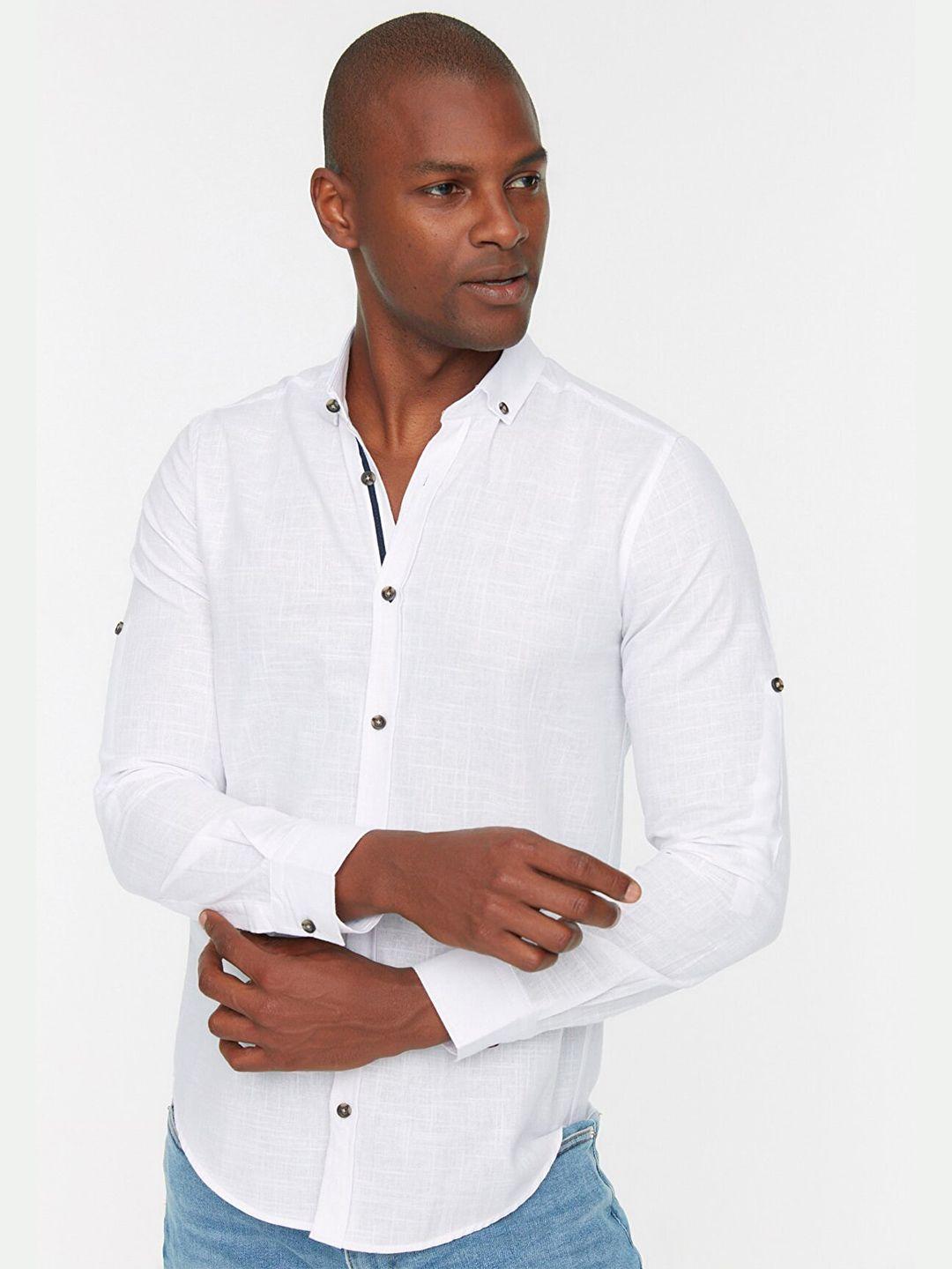 trendyol button down collar roll-up sleeves pure cotton casual shirt