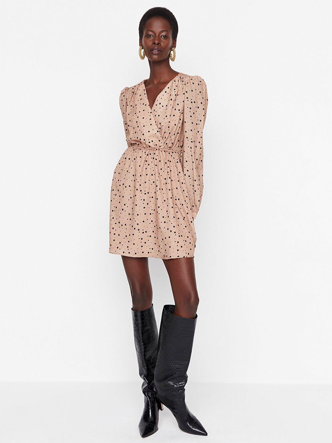 trendyol camel brown wrap polka dot printed dress