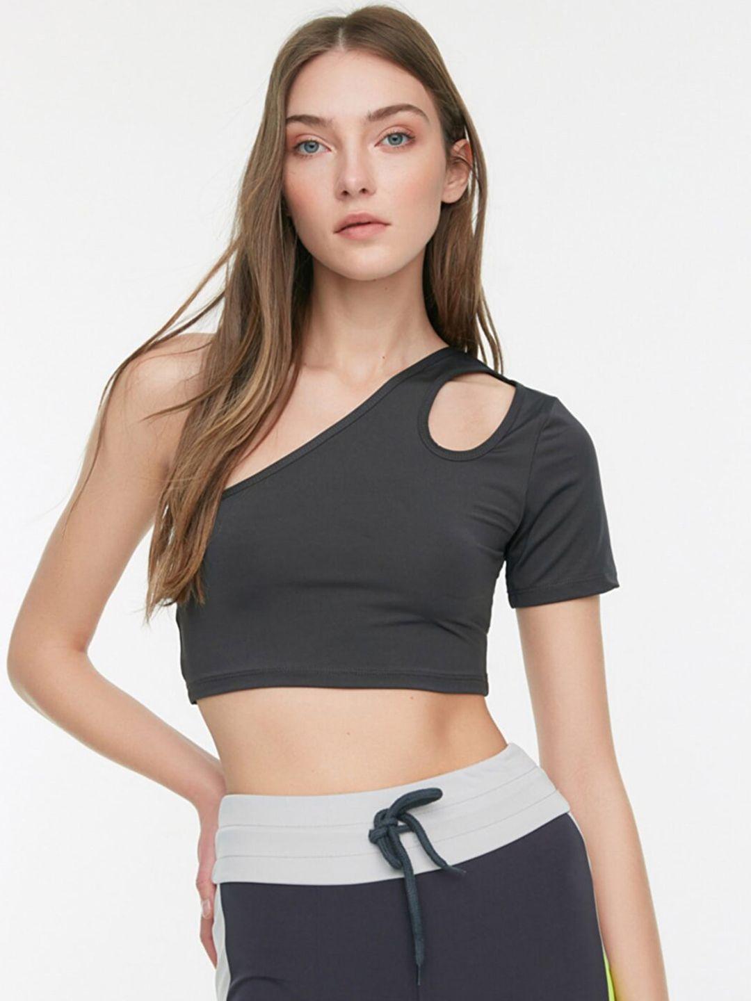 trendyol charcoal grey solid one shoulder crop top