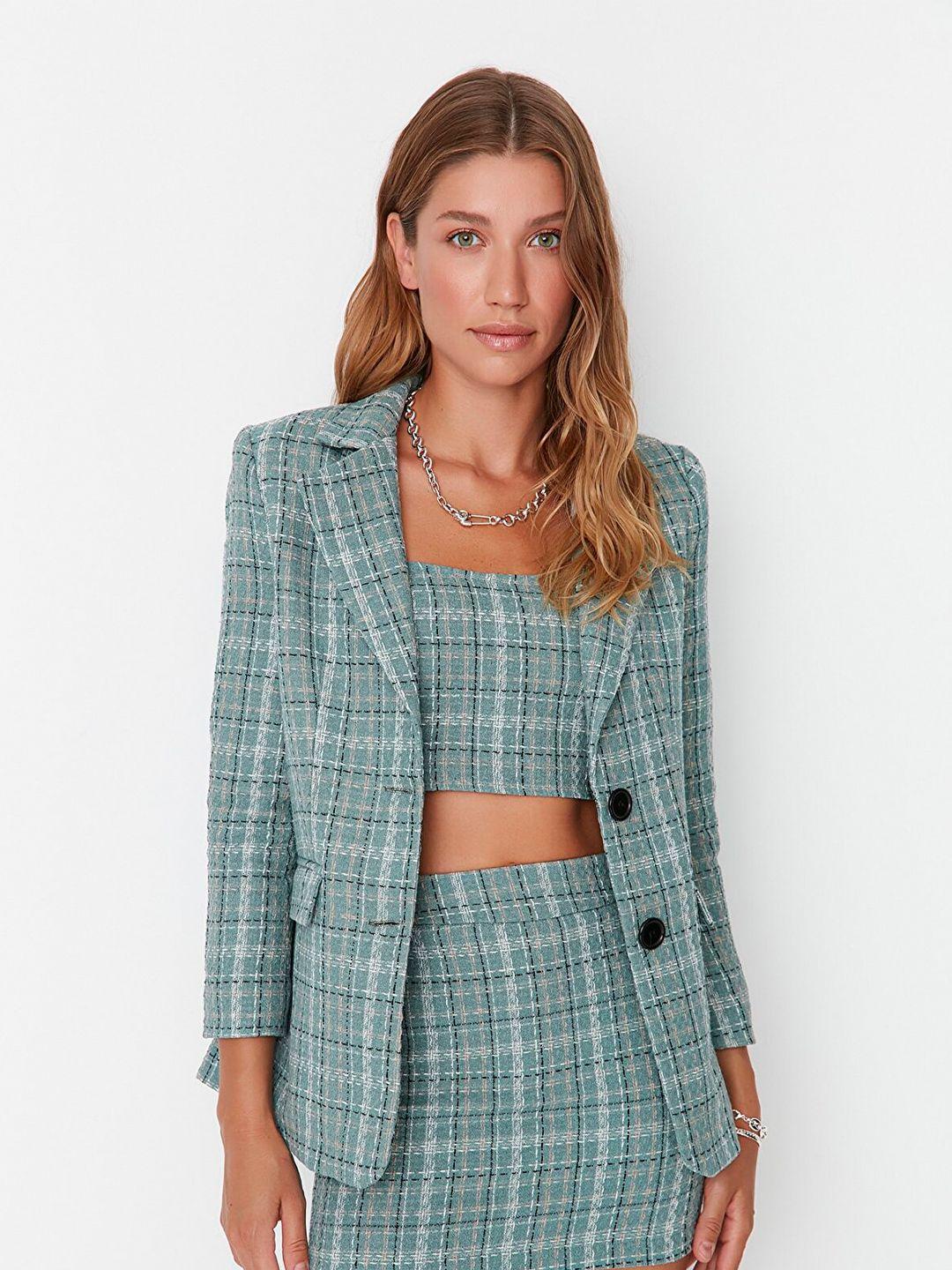 trendyol checked cotton notched collar single breasted blazer