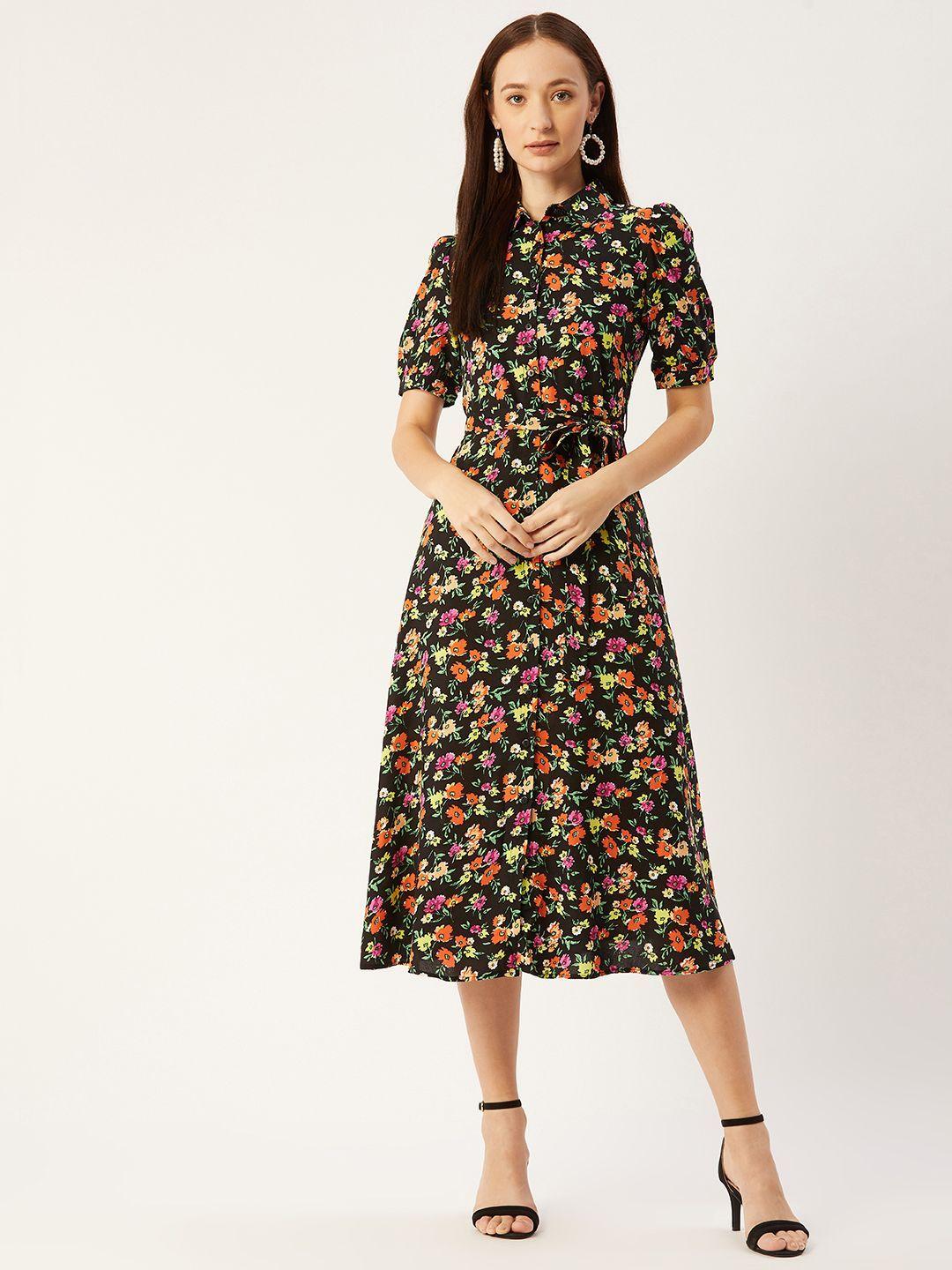 trendyol collection black & yellow floral printed shirt midi dress