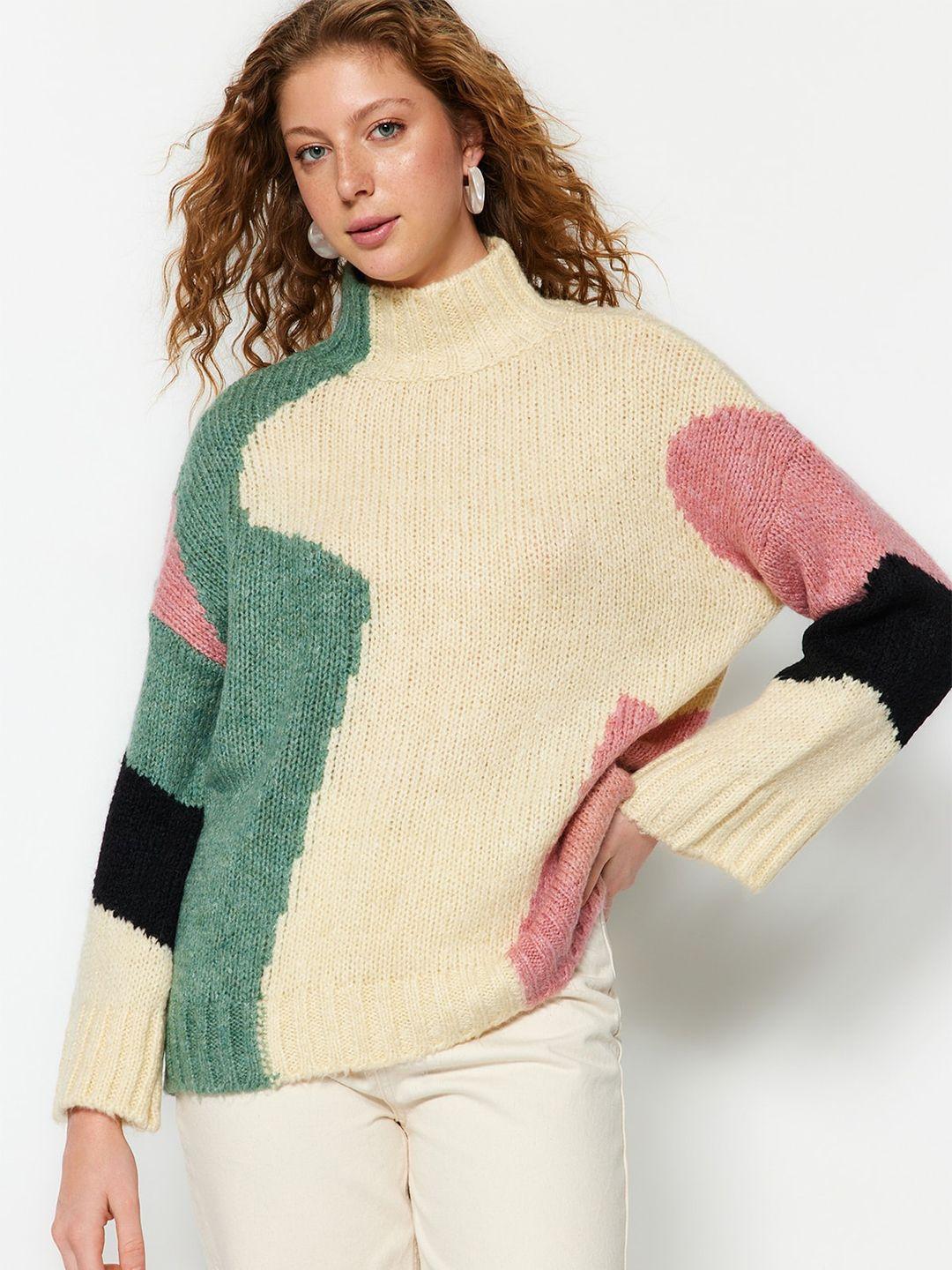 trendyol colourblocked acrylic turtle neck pullover sweaters