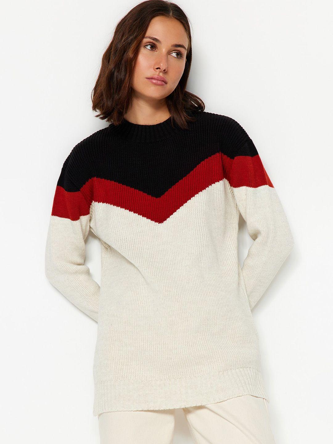 trendyol colourblocked round neck acrylic pullover sweater