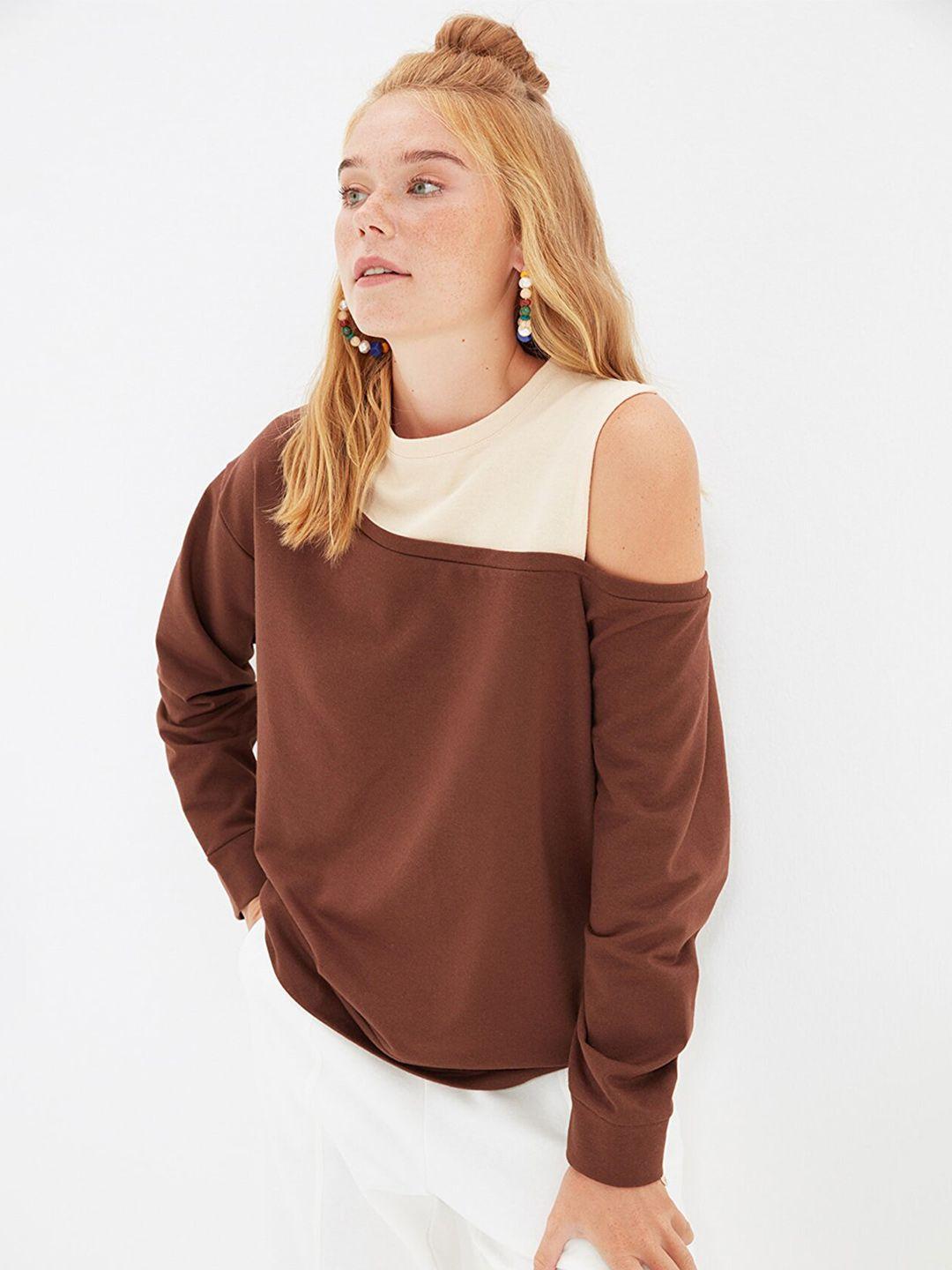 trendyol colourblocked round neck cold-shoulder sleeves top