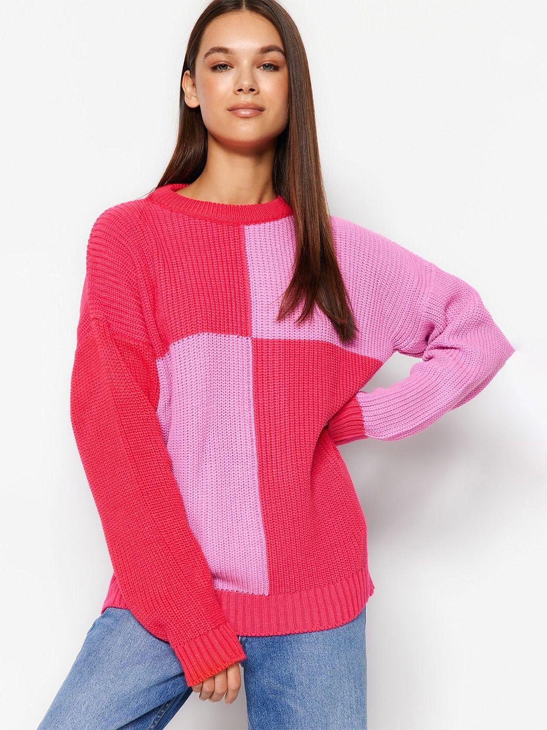 trendyol colourblocked round neck drop shoulder sleeves pullover sweaters