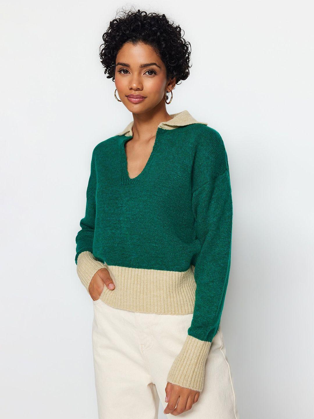 trendyol colourblocked v- neck ribbed pullover