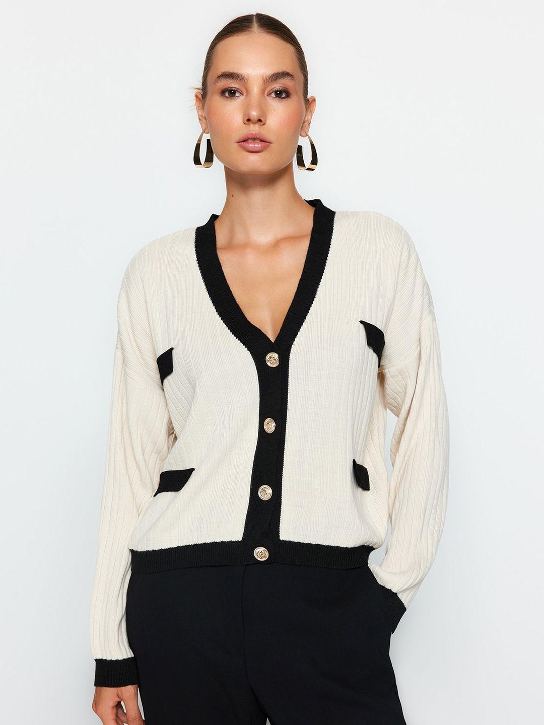 trendyol colourblocked v-neck cardigan sweater