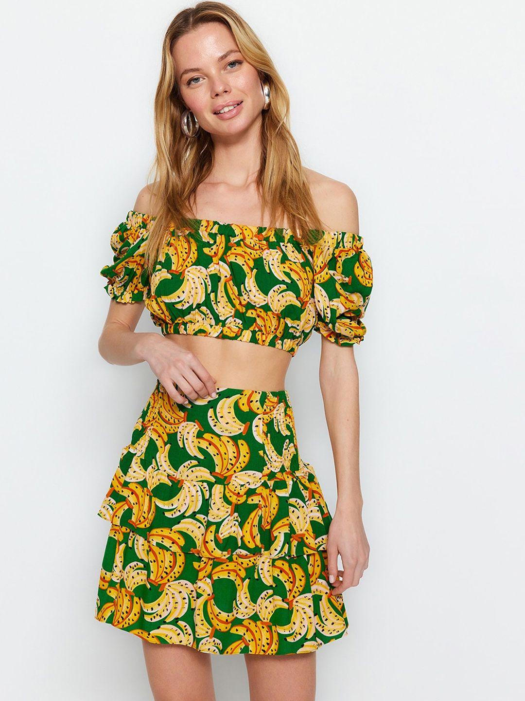 trendyol conversational printed off shoulder crop top with skirt