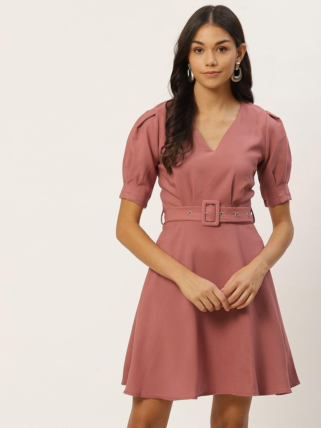 trendyol coral pink solid puff sleeves fit  flare dress with belt