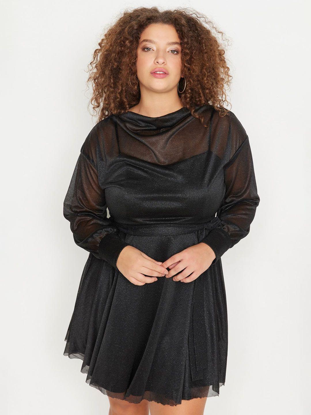 trendyol cowl neck cuffed sleeve fit & flare dress