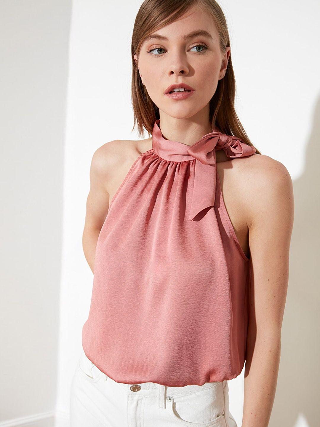 trendyol dusty rose pink solid tie-up neck blouson top