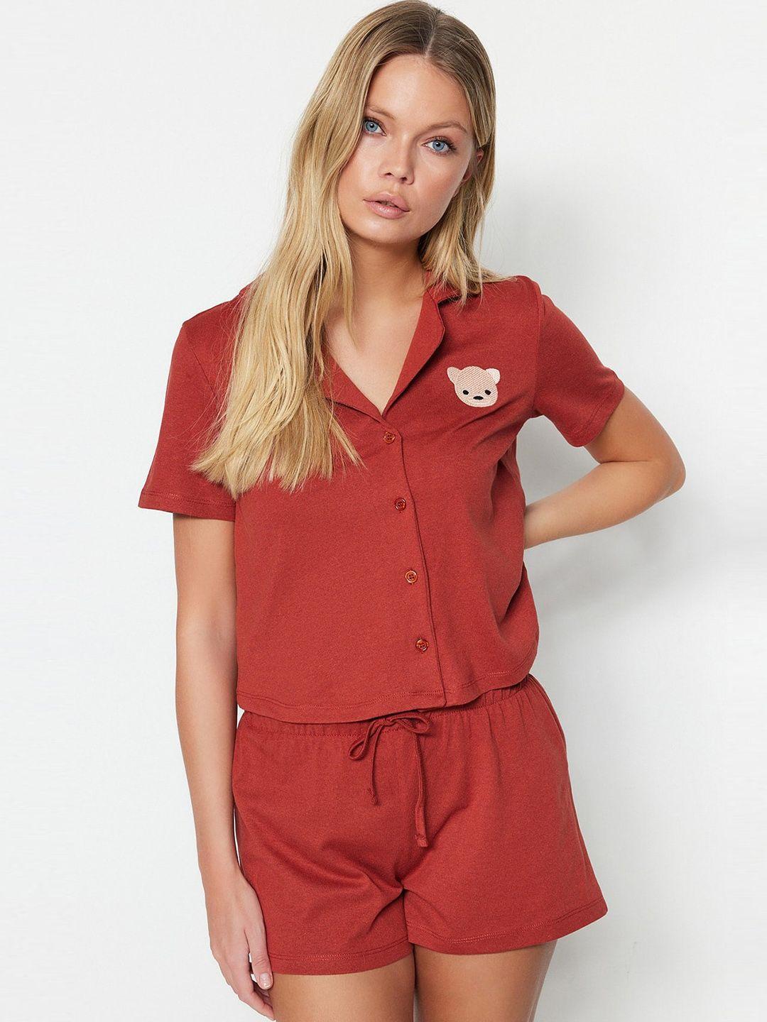 trendyol embroidered lapel collar pure cotton shirt with shorts