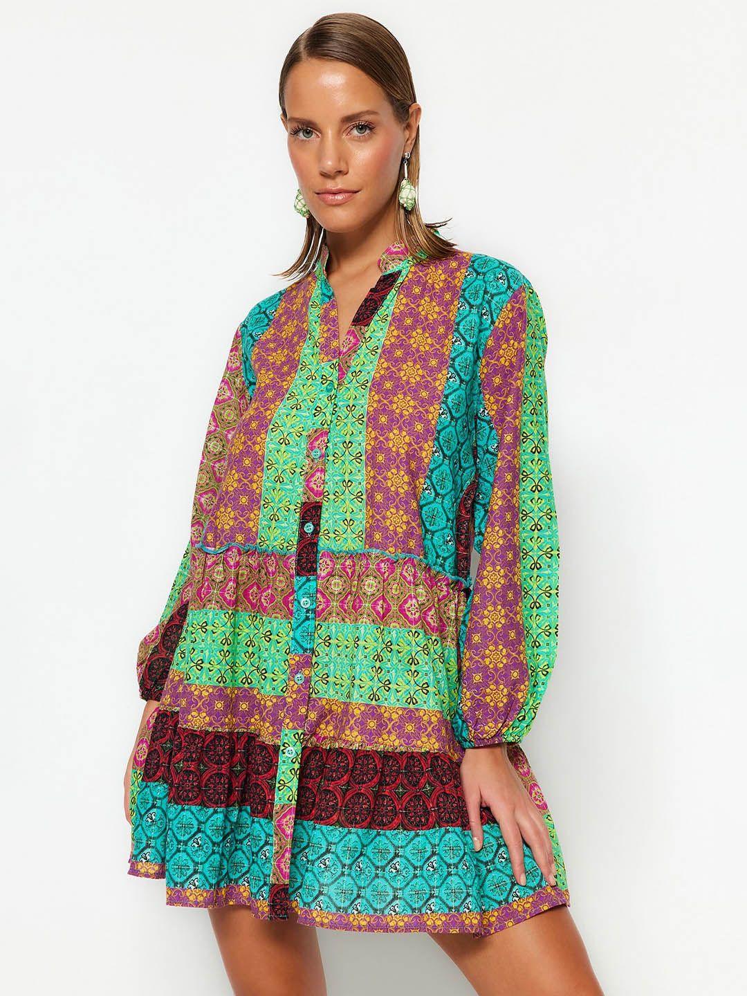 trendyol ethnic motifs print puff sleeve a-line dress