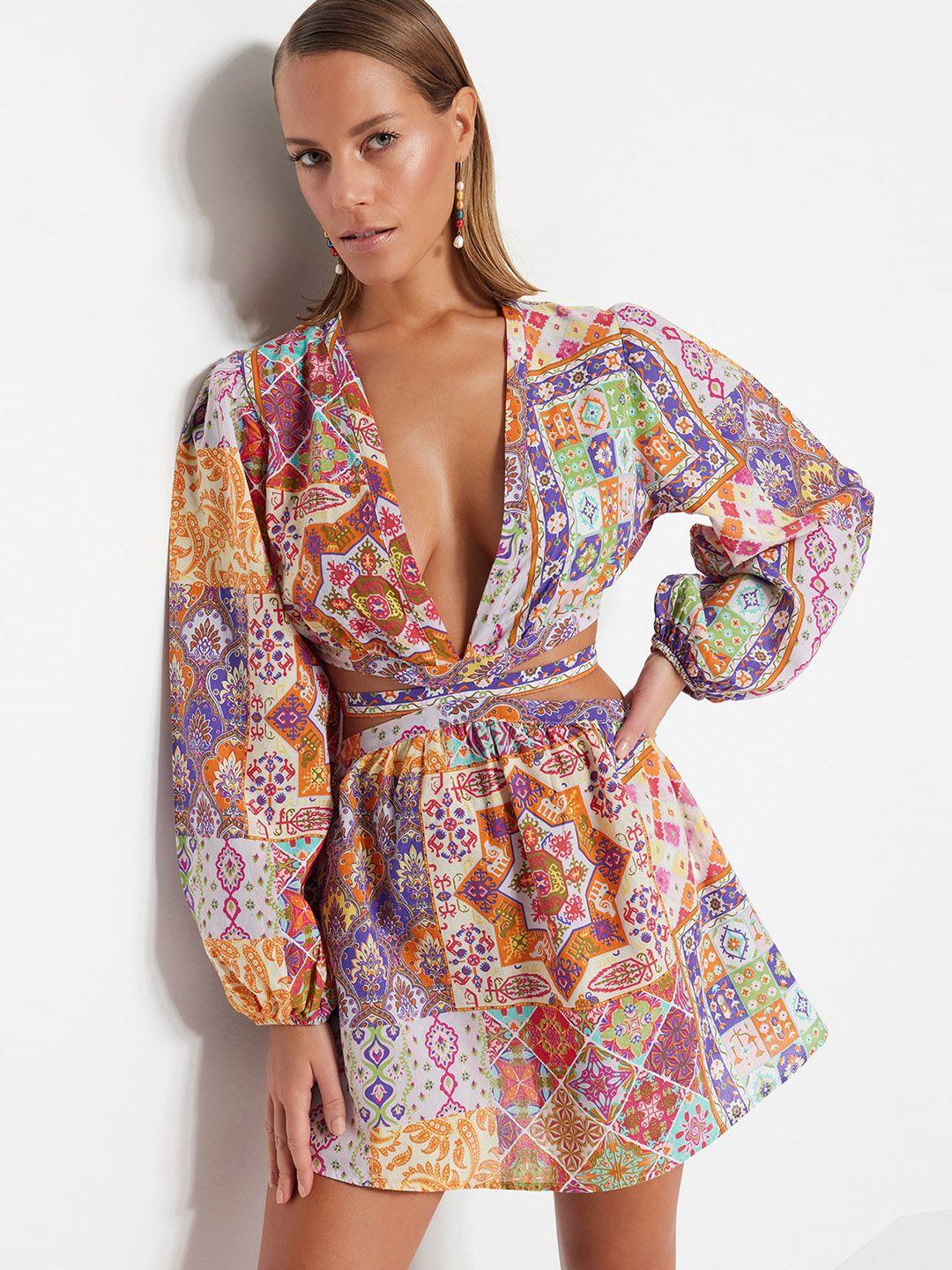 trendyol ethnic motifs print puff sleeve fit & flare cotton mini dress