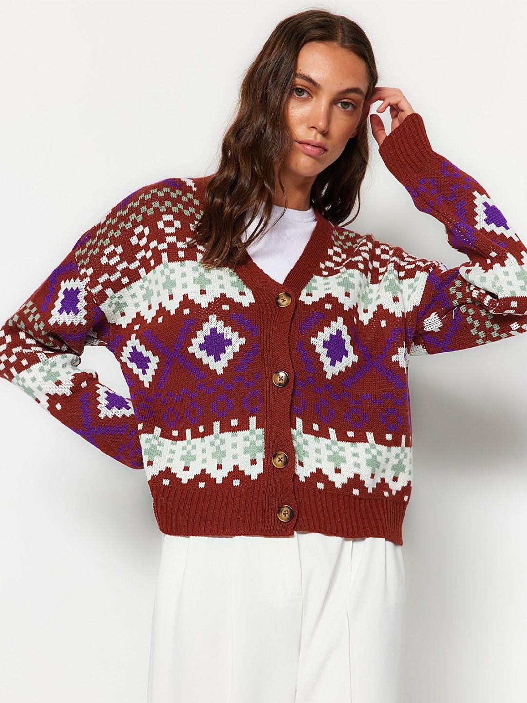 trendyol ethnic motifs printed acrylic cardigan sweater