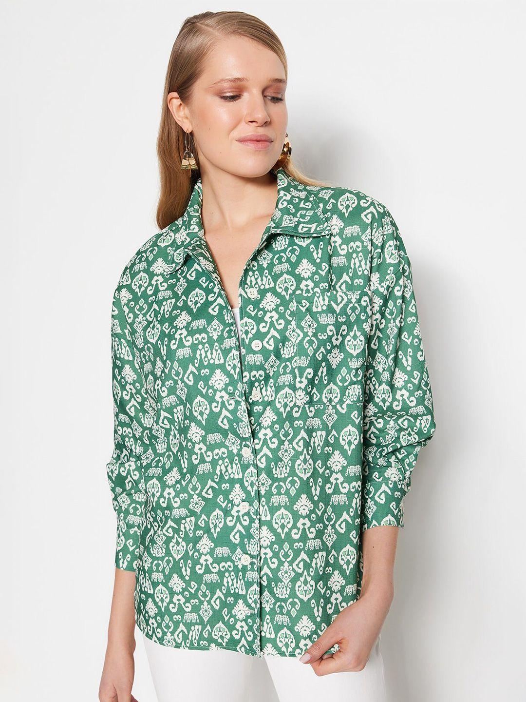 trendyol ethnic motifs printed drop shoulder sleeves casual shirt