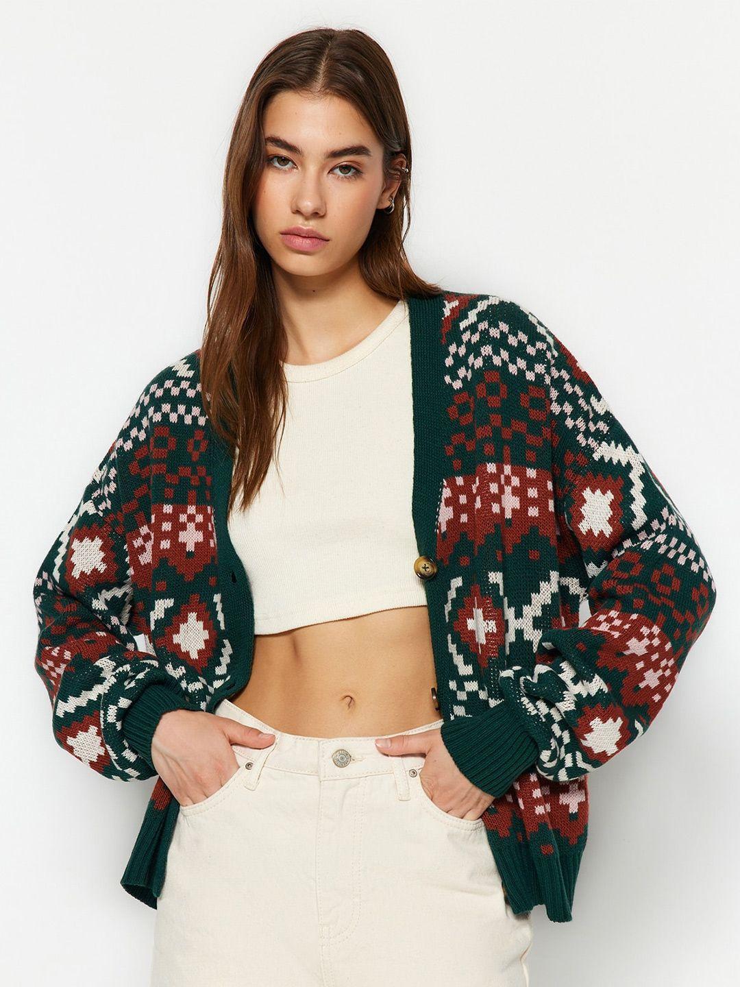 trendyol ethnic motifs self design front-open sweaters