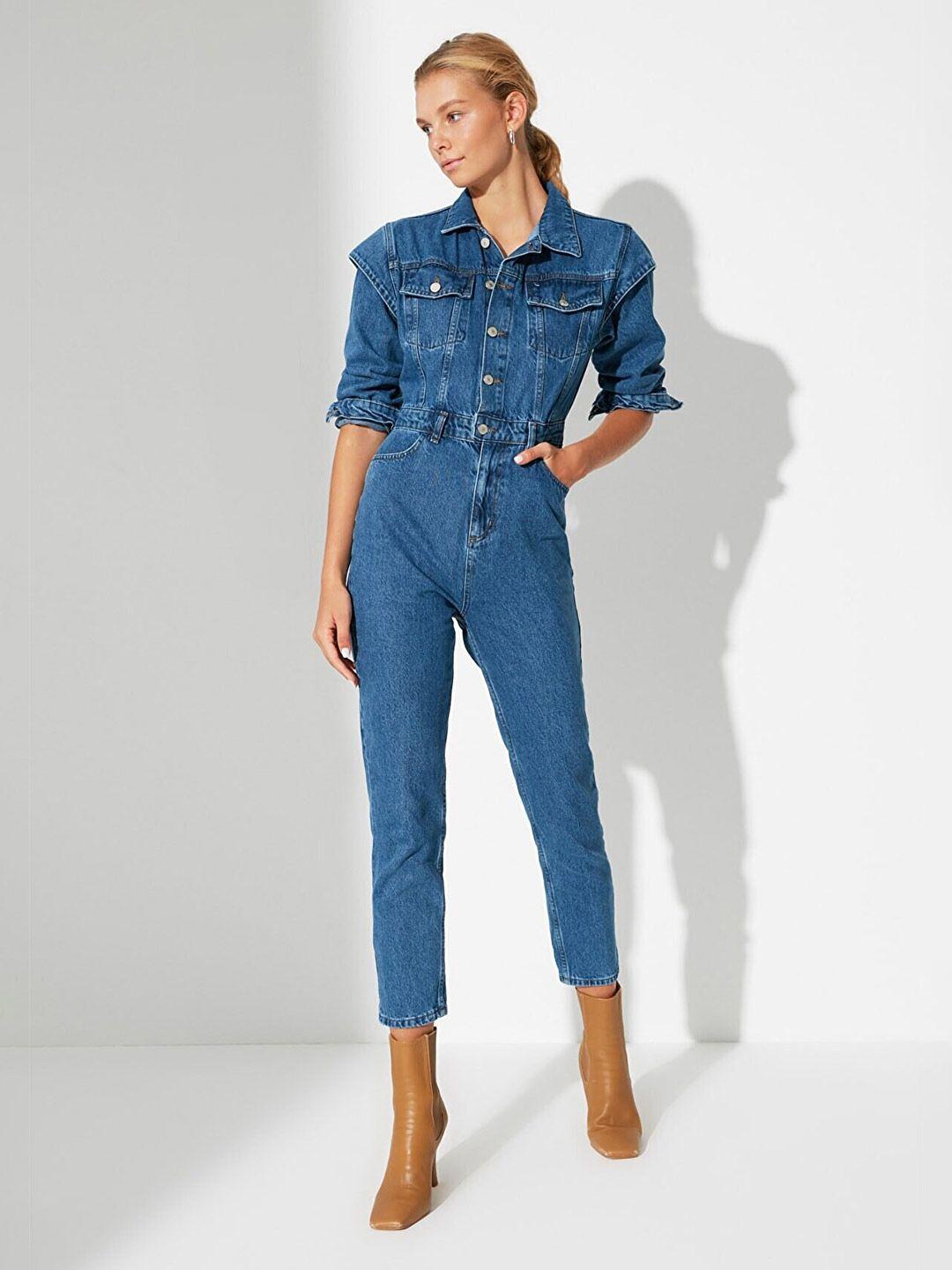 trendyol flap pockets shirt collar cotton jumpsuit