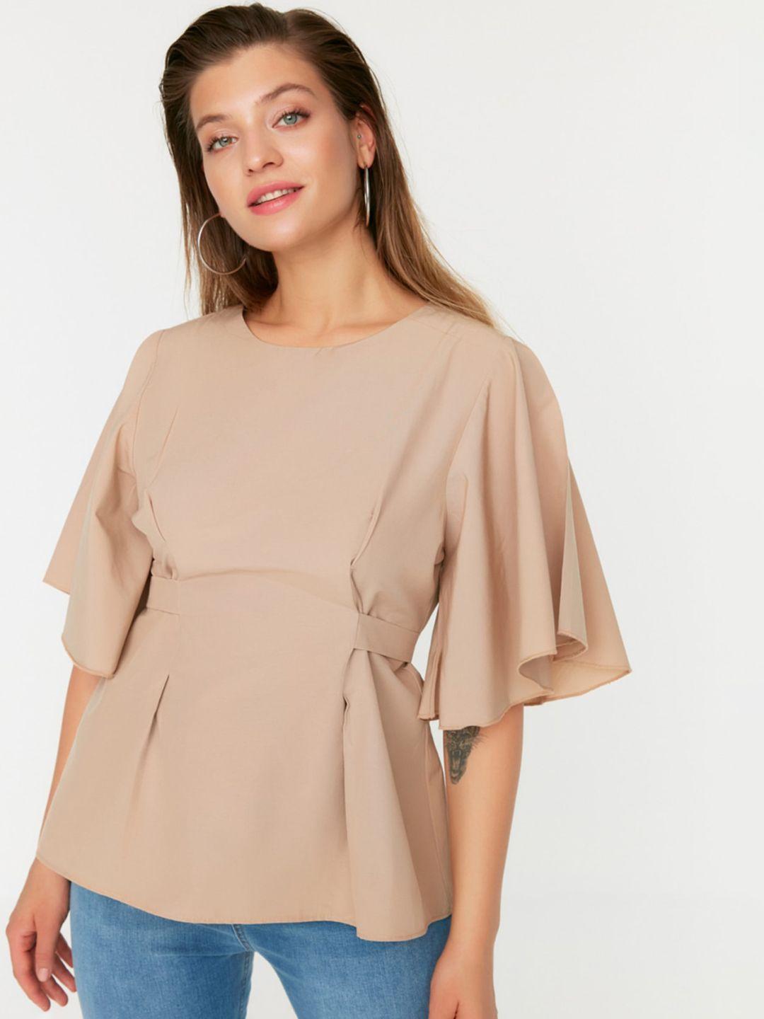 trendyol flared sleeve pure cotton cinched waist top