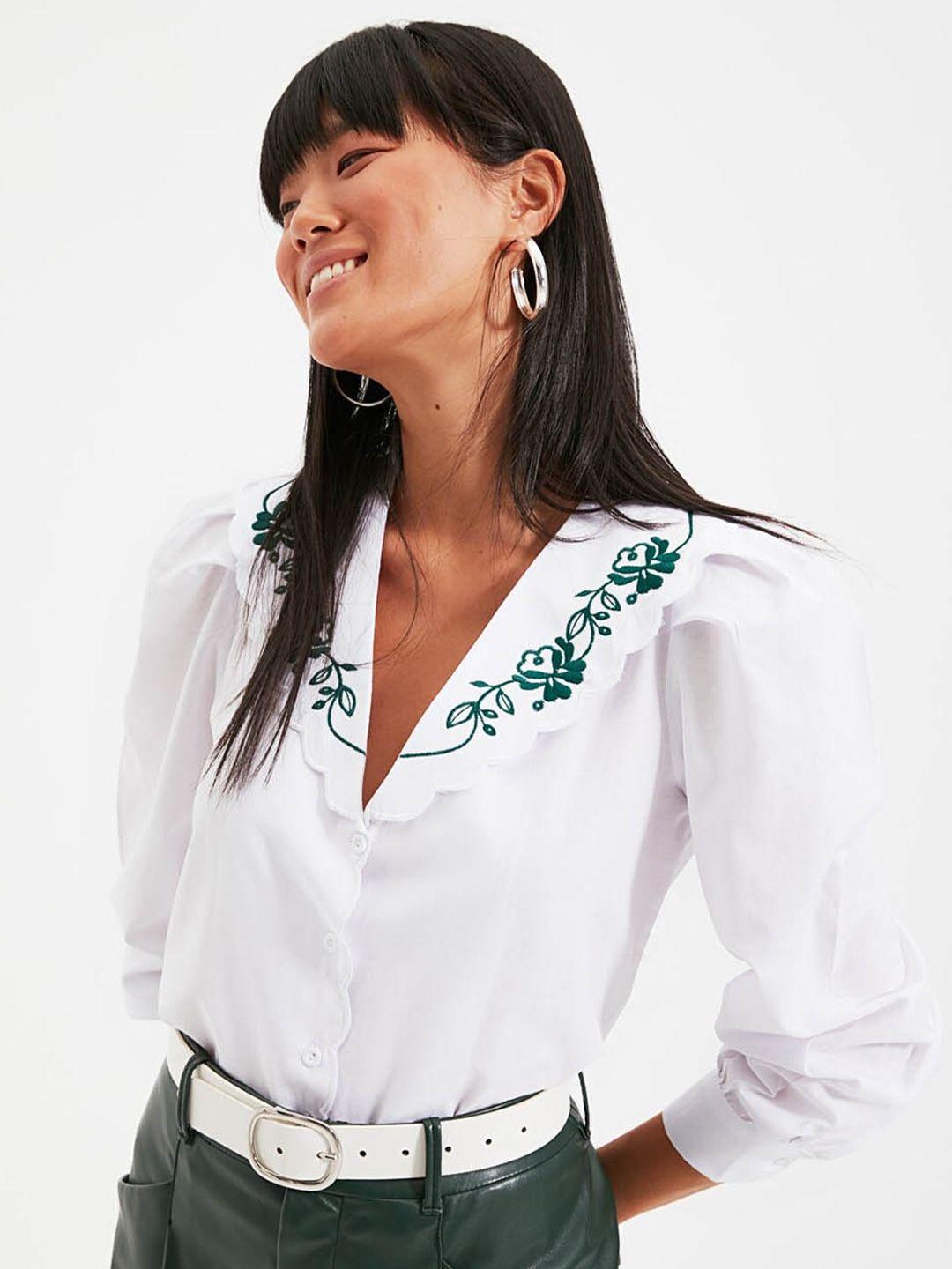 trendyol floral embroidered v-neck cuffed sleeves shirt style top