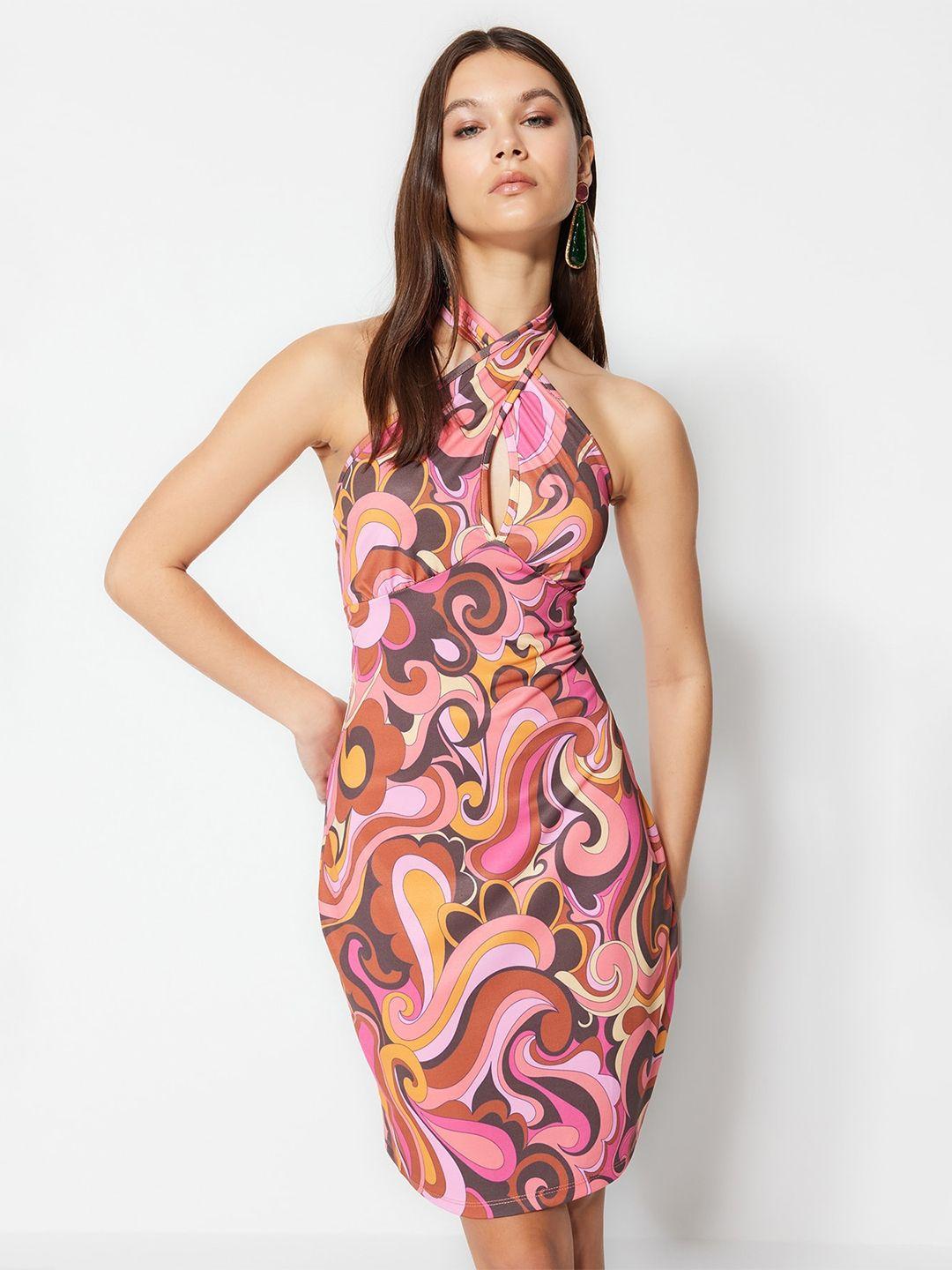 trendyol floral print halter neck sheath dress