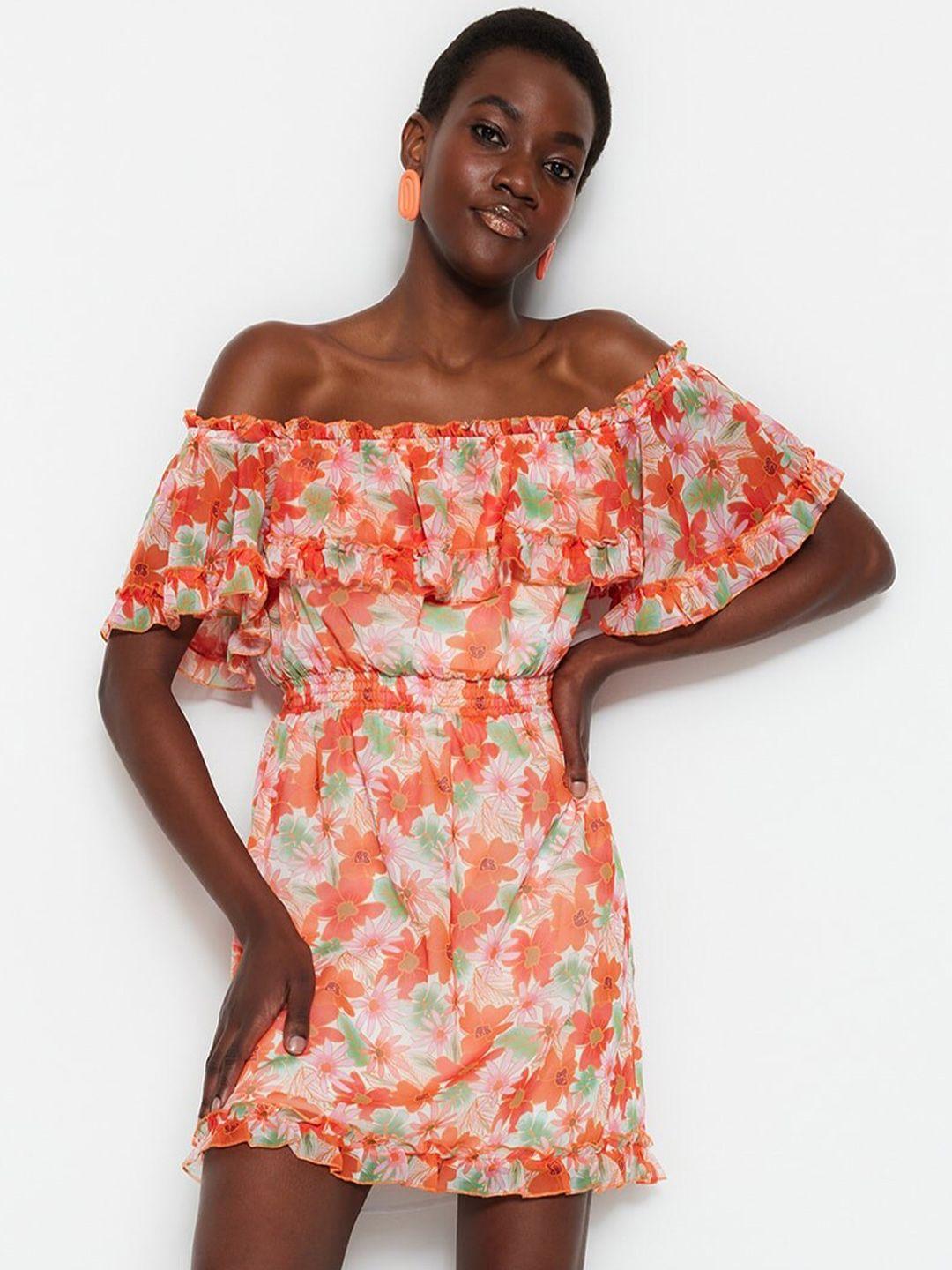 trendyol floral print off-shoulder a-line dress