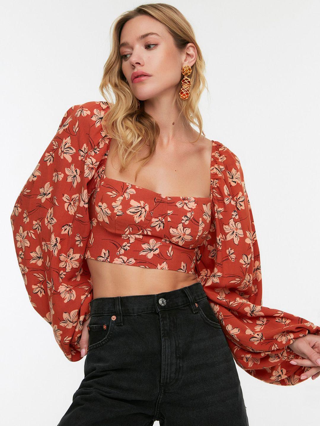 trendyol floral print puff sleeve crop top