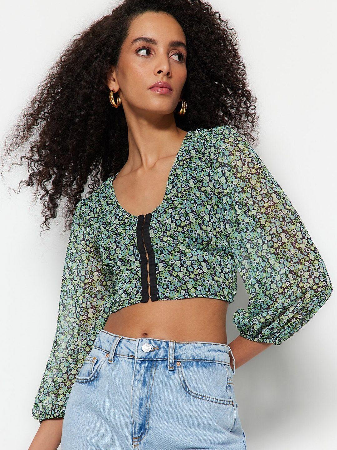 trendyol floral print puff sleeves crop top