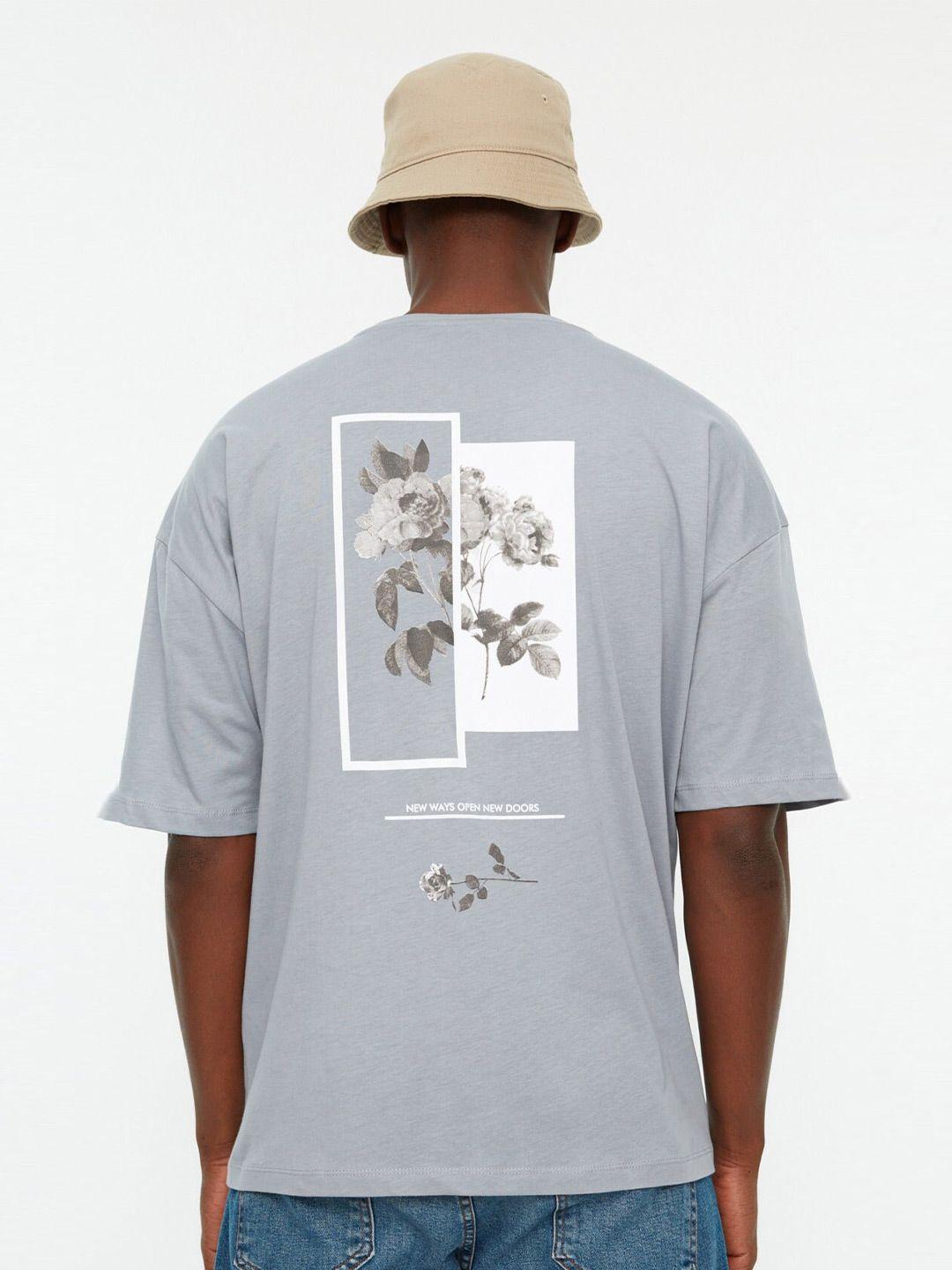 trendyol floral printed drop-shoulder sleeves pure cotton t-shirt