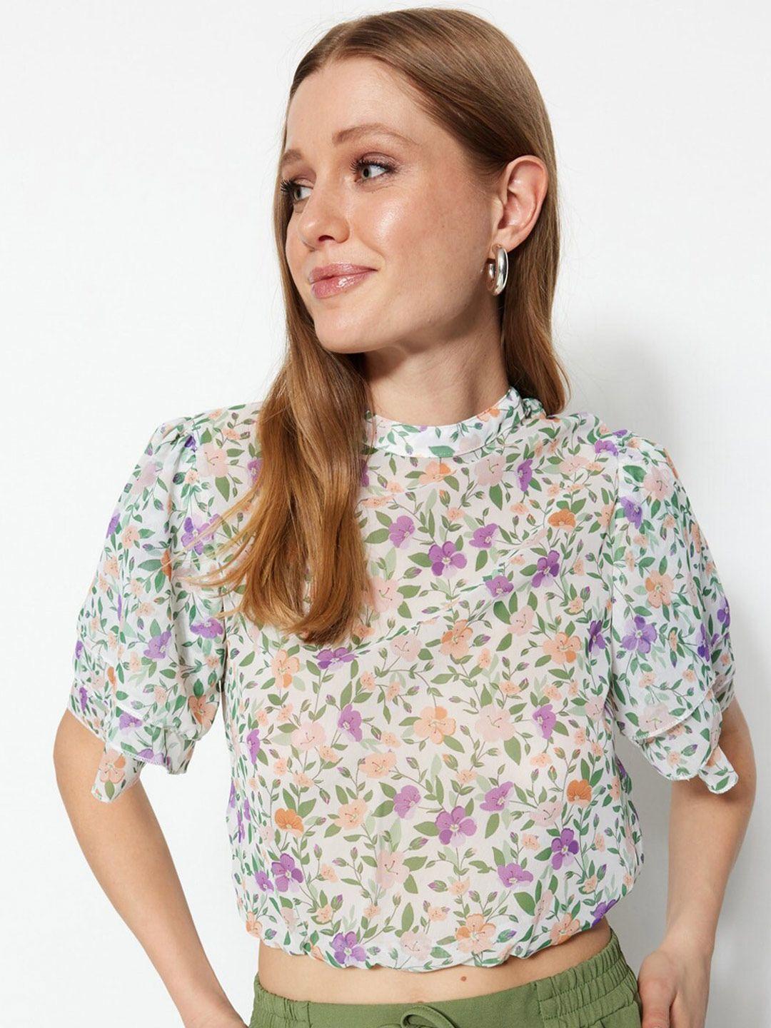 trendyol floral printed flared sleeve blouson crop top