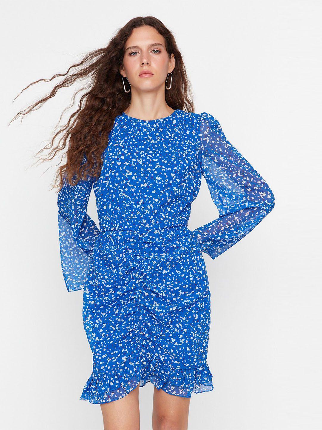 trendyol floral printed flared sleeves ruched a-line dress