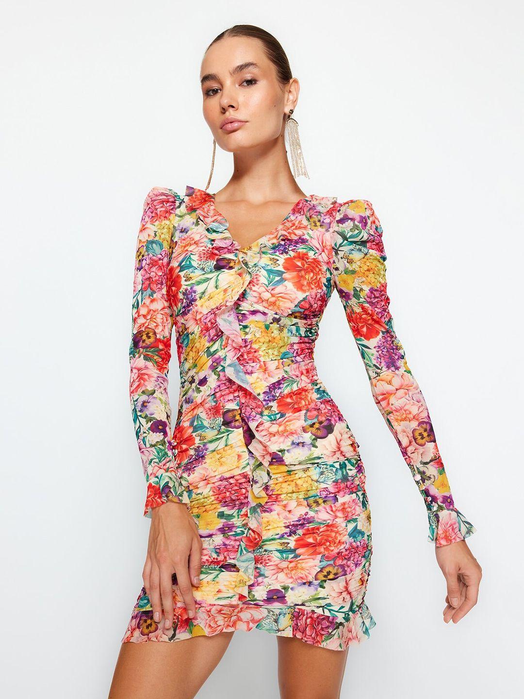 trendyol floral printed gathered ruffled fit & flare mini dress