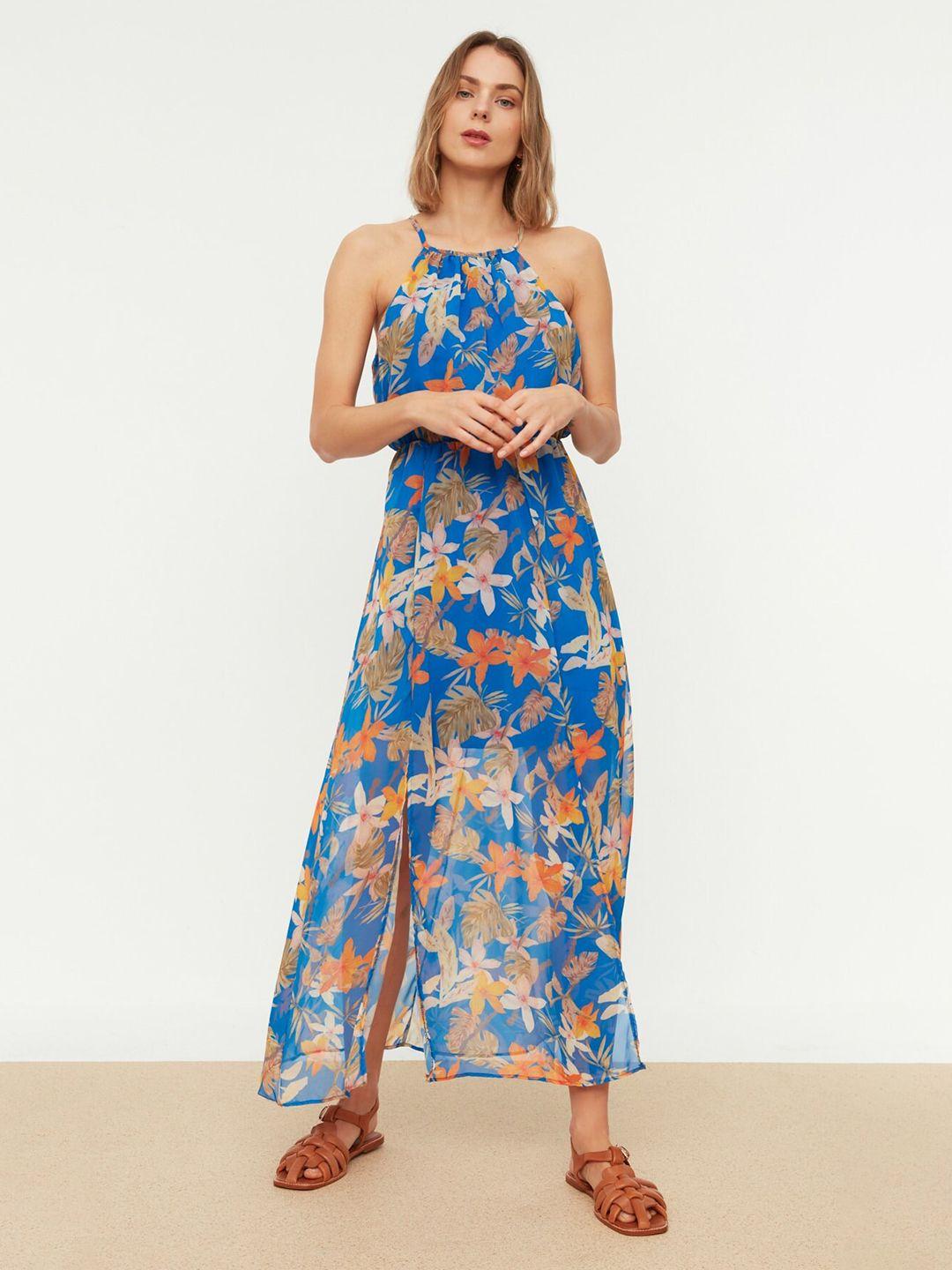 trendyol floral printed halter neck sleeveless maxi dress