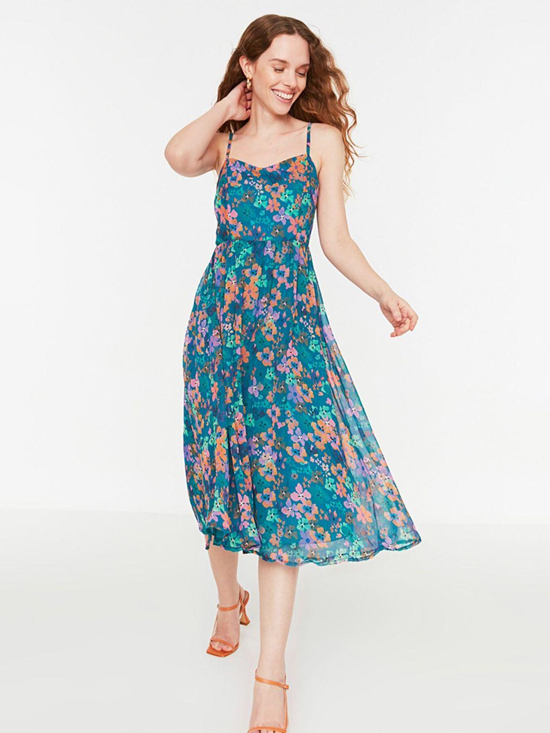 trendyol floral printed midi fit & flare dress