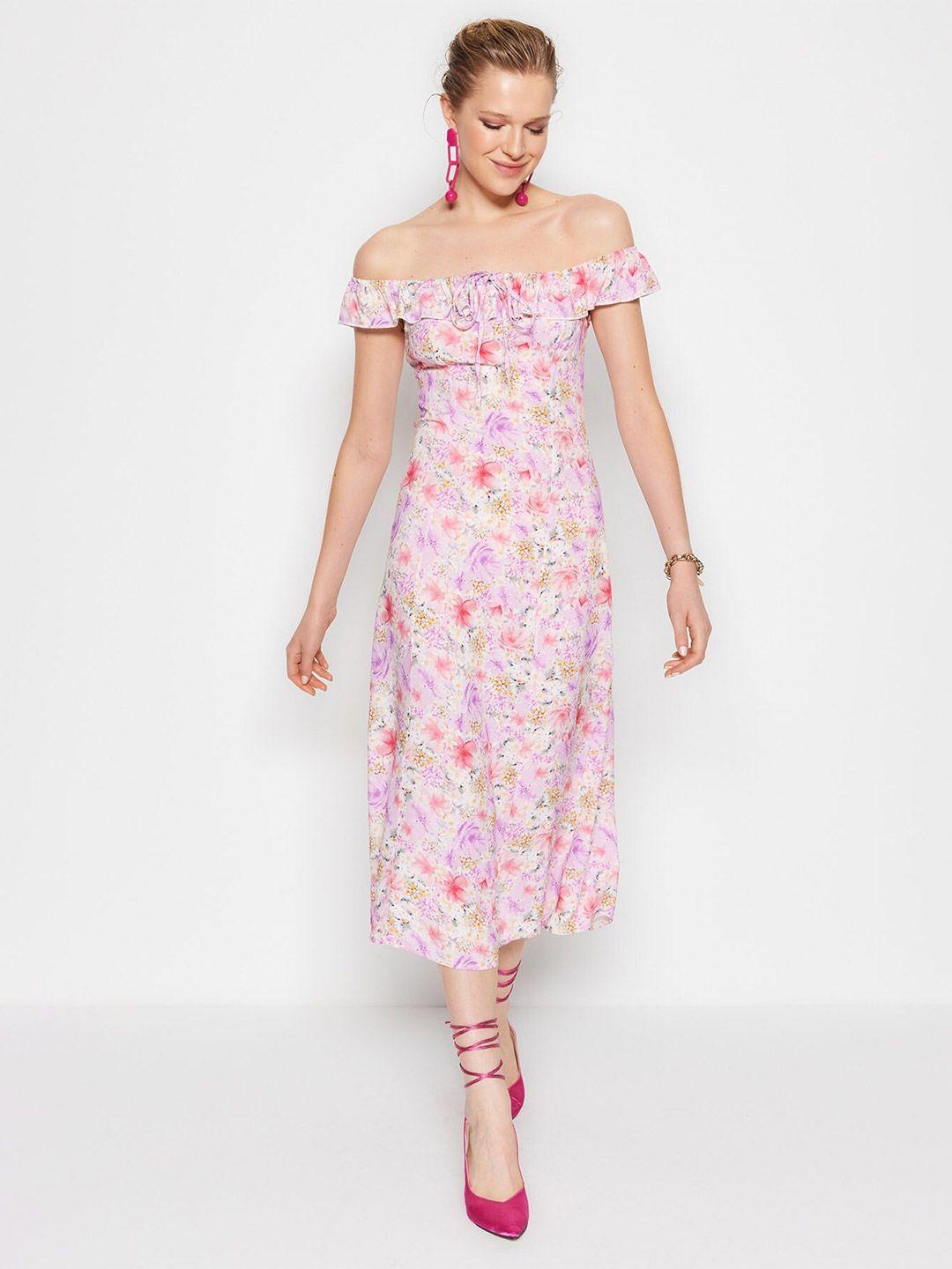 trendyol floral printed off-shoulder acrylic a-line midi dress