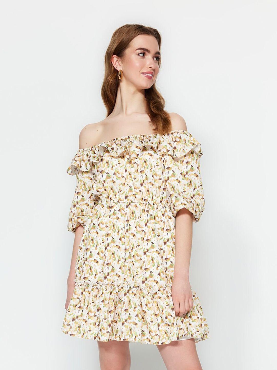 trendyol floral printed off-shoulder gathered a-line dress