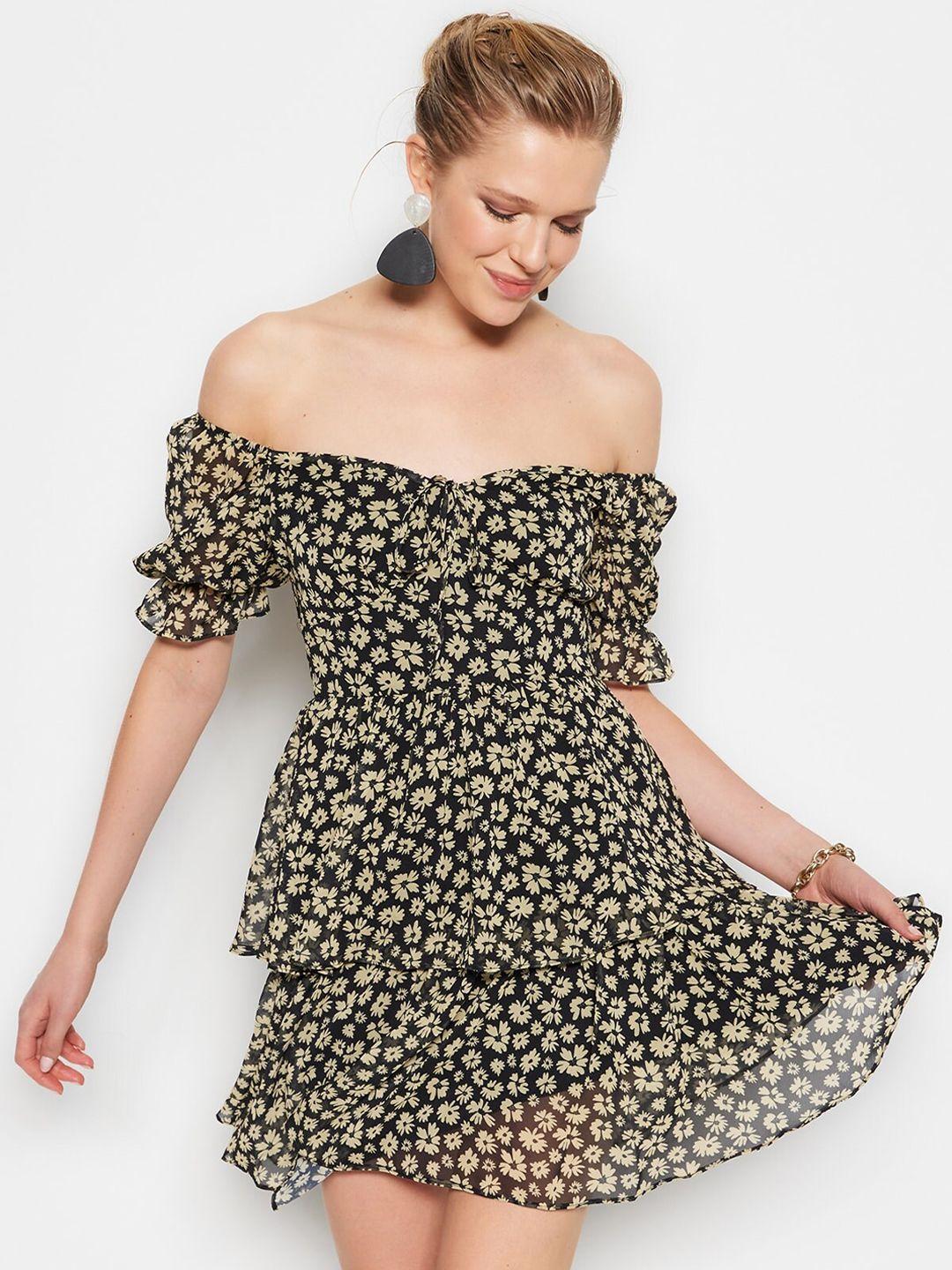 trendyol floral printed off-shoulder layered fit and flare dress